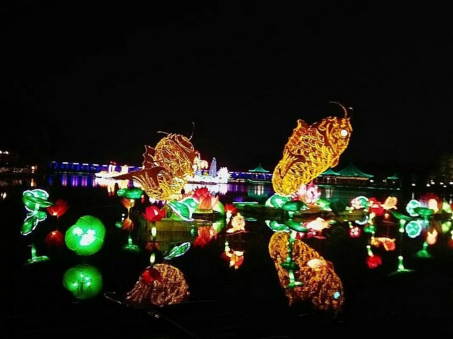 灯火明亮照夜空,人潮花灯交织,成一片人间天堂.赏花灯