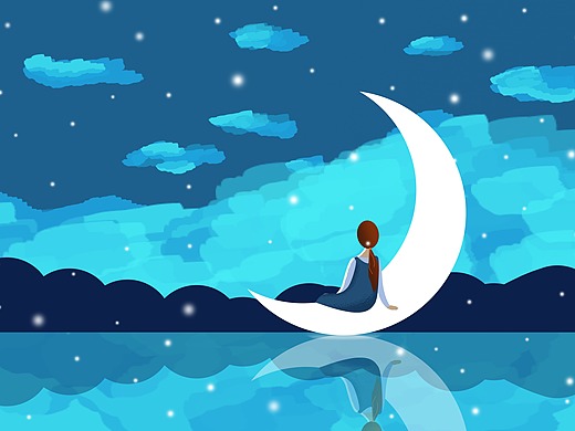 蓝色坐在月亮上的女孩