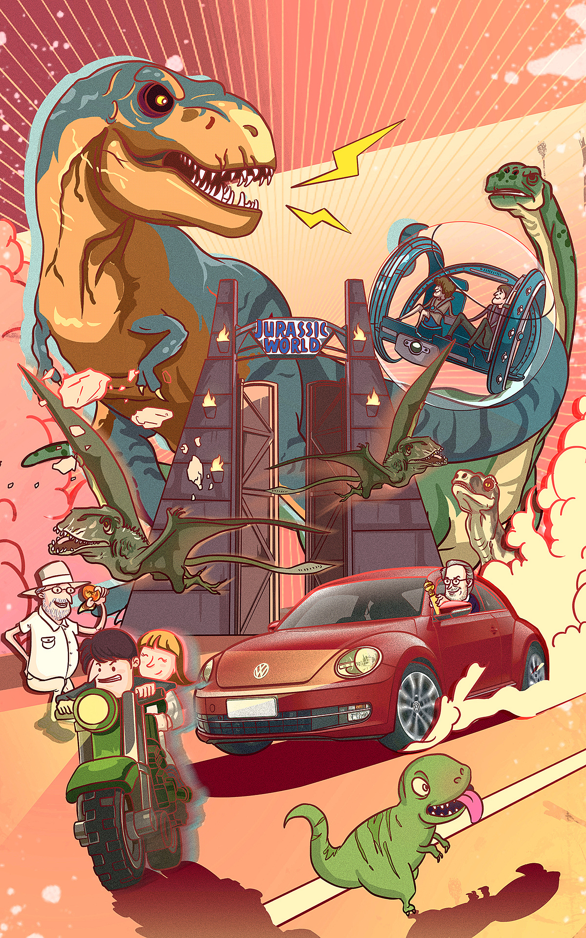 大众甲壳虫侏罗纪电影插画