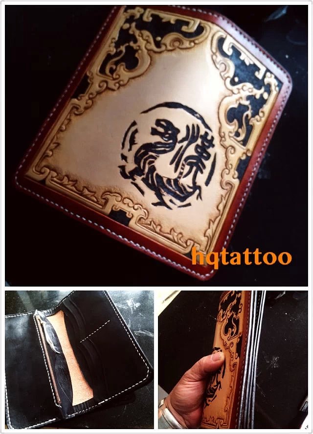 皮雕中国传统拐子龙纹长夹