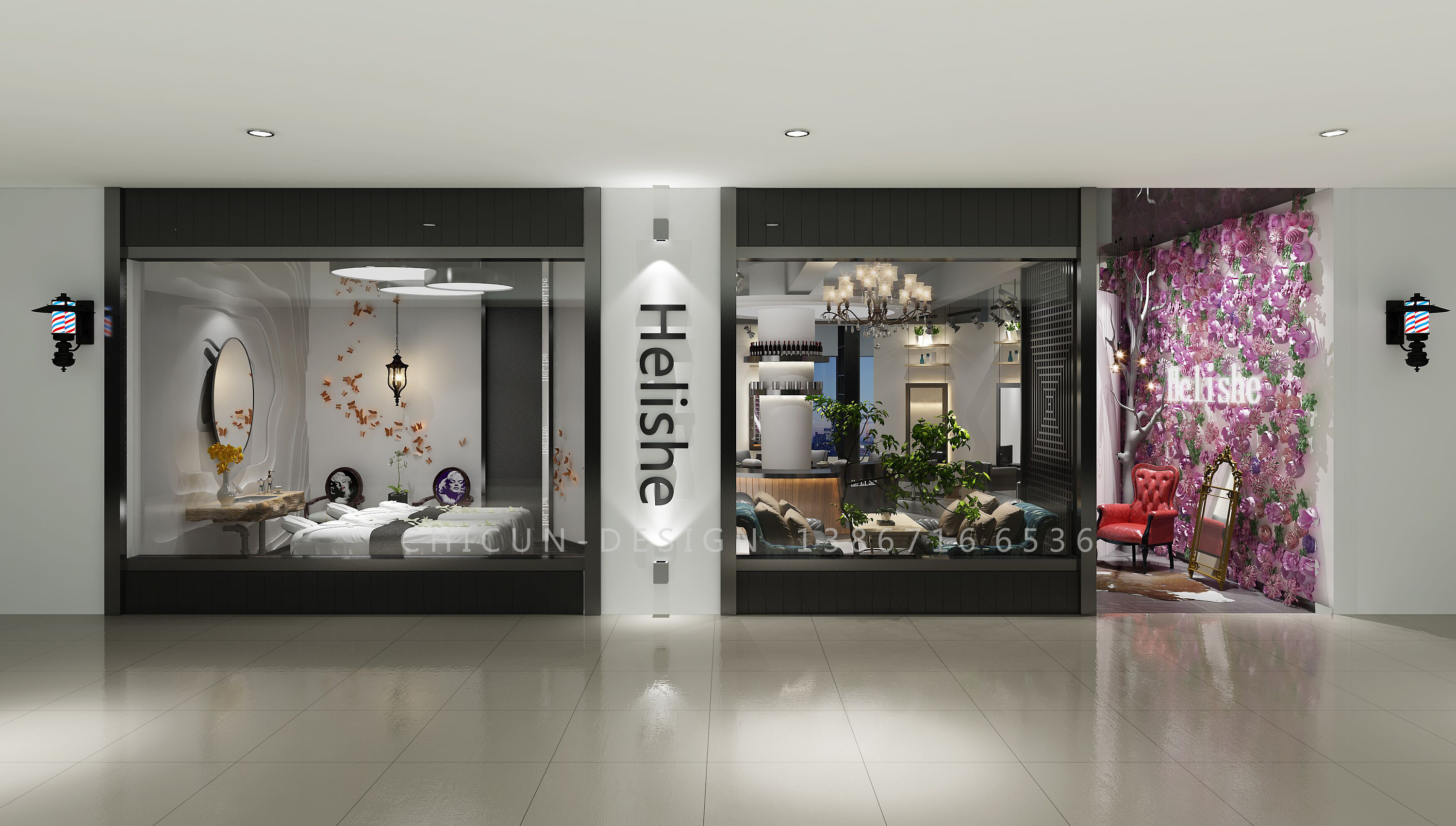 尺寸设计|理发店日系时尚空间设计 发廊设计效果图