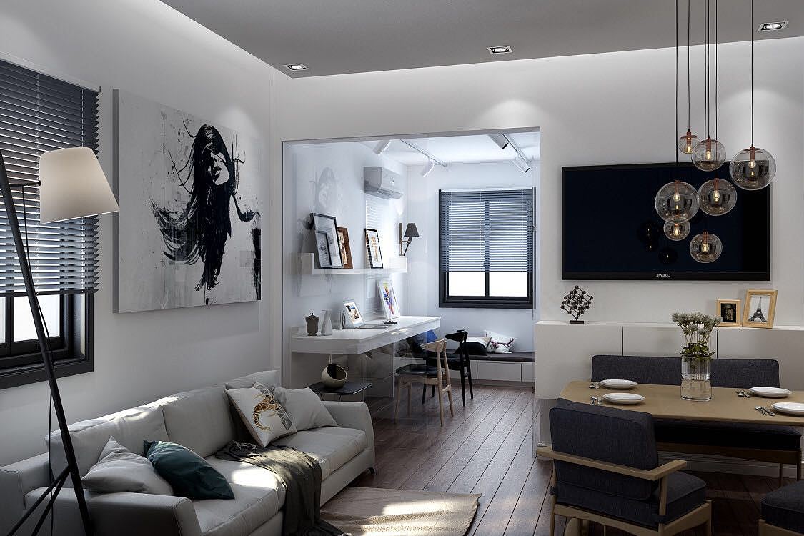 客厅及书房区域(书房原本的隔墙拆除,重新加固,只做玻璃隔断,增加通透性)