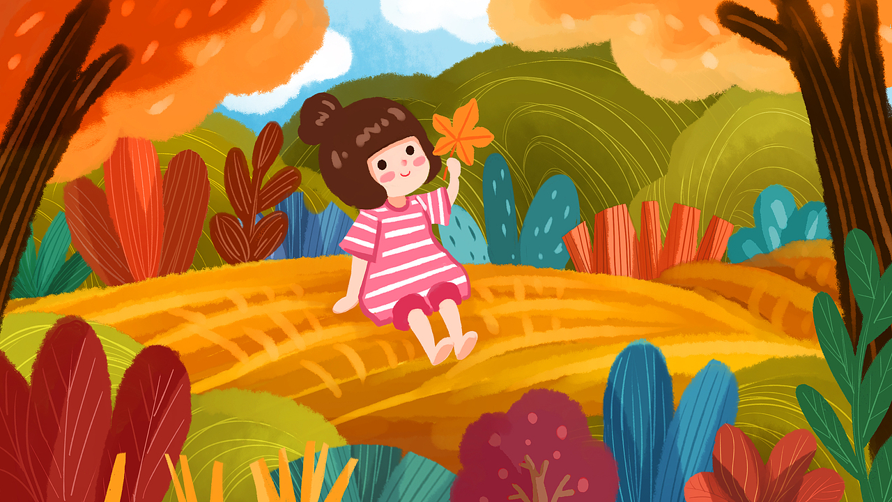 秋季立秋红色枫叶金色的麦田假期的我