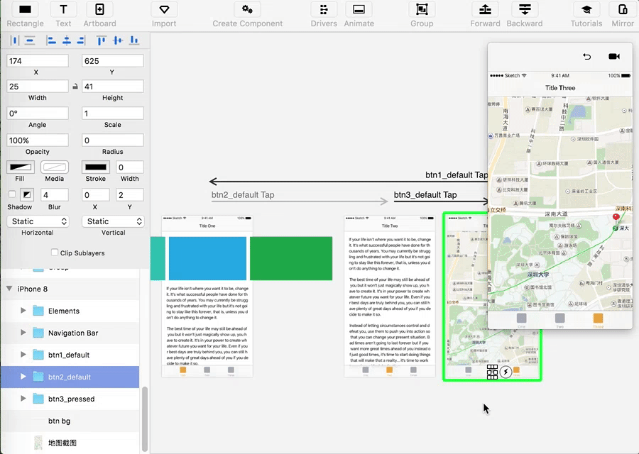继续完善每个页面之间的转场效果。在GIF最后的预览效果里,当标签TWO页面进标签ONE页面时,会发现文字是从上到下显示,这个问题是因为两个Artboards里的btn组命名相同,接下来改一改。