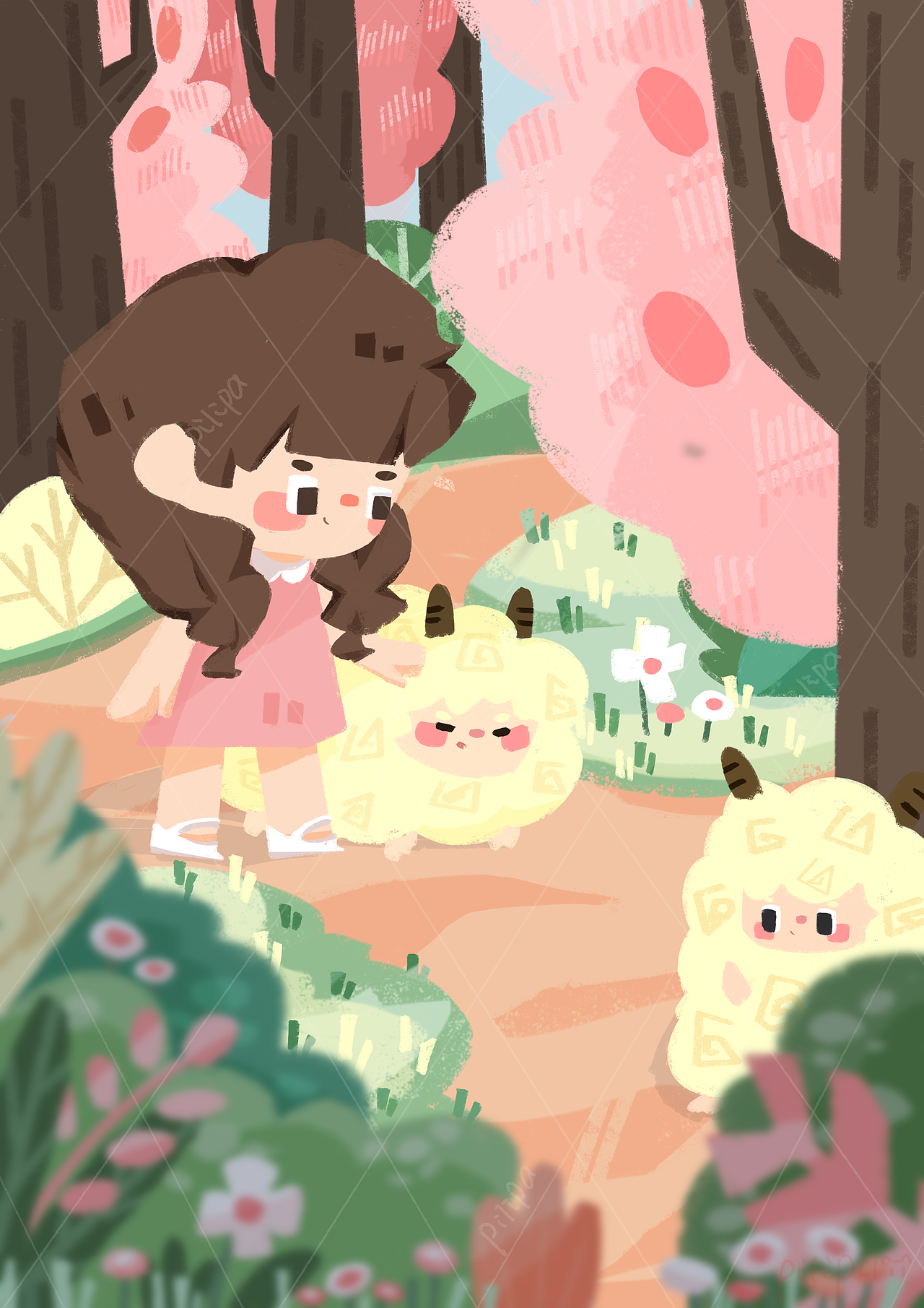 天气那么的好！
小小牧羊女便带着小羊们去散步在森林里面小羊到处跑，<br>跑累了便靠着树下面休息。