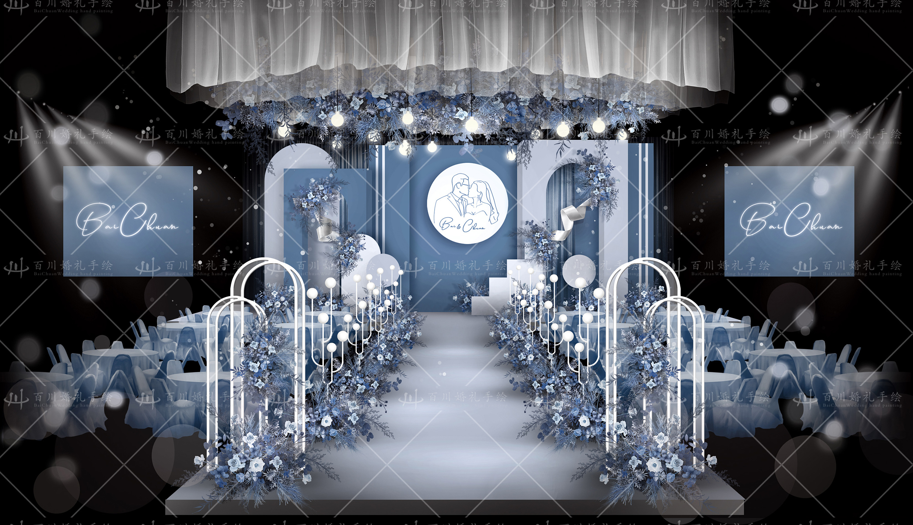蓝色现代婚礼效果图设计效果图|空间|舞台美术|拾壹婚礼手绘 - 原创作品 - 站酷 (ZCOOL)