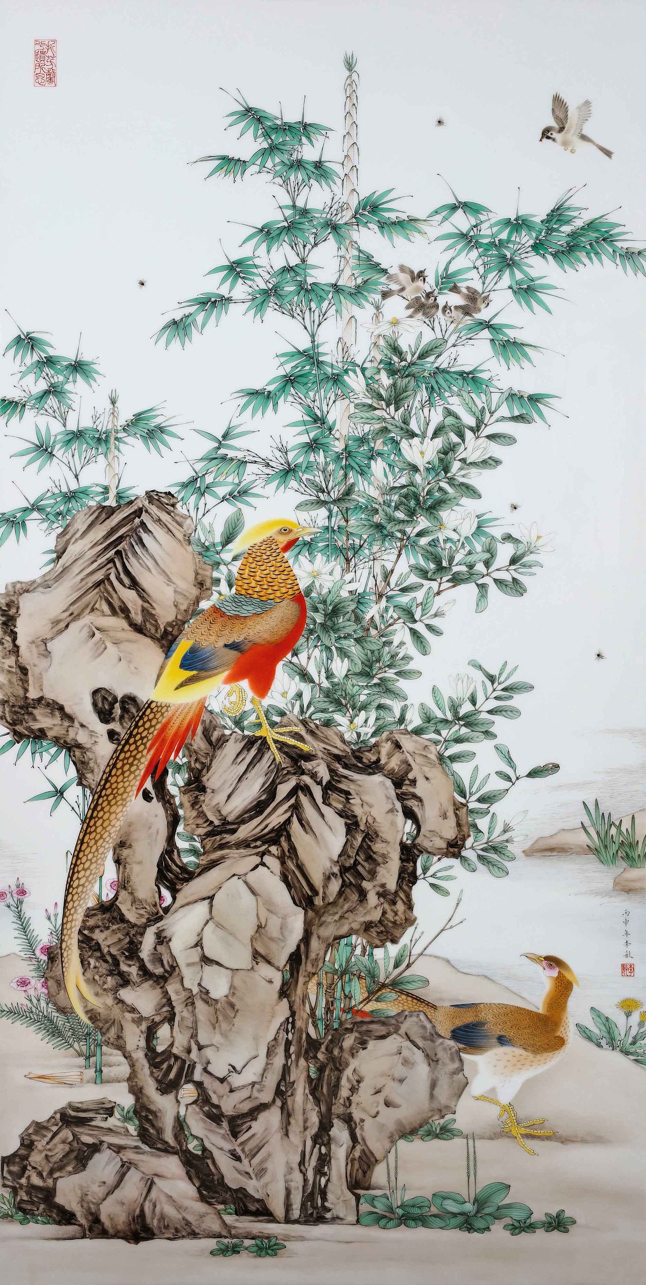  花竹锦鸡图>釉上彩瓷板