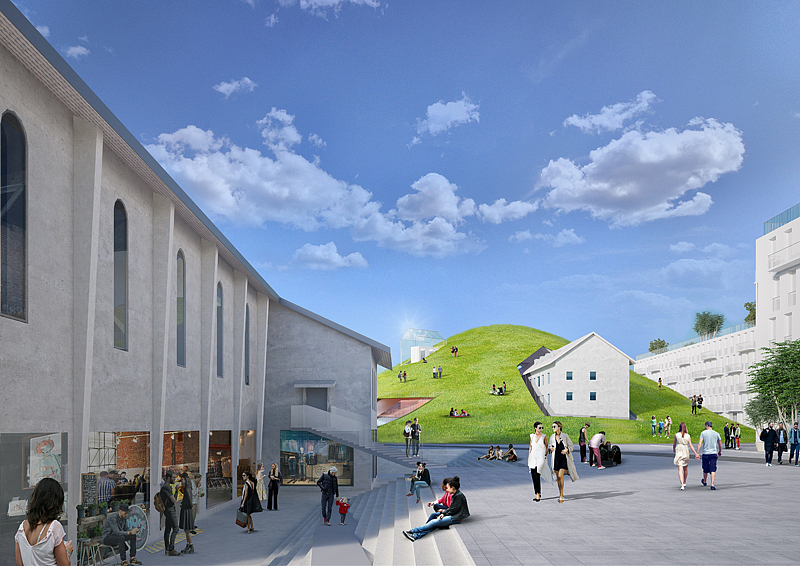 每一栋建筑周围都是一个小广场,广场的形状是字母的阴影投射,大小则取决于当地法规对于建筑间距的规定。
这些字母式大楼穿插在新旧建筑间,是对基地历史在当代结构下的重新演绎。