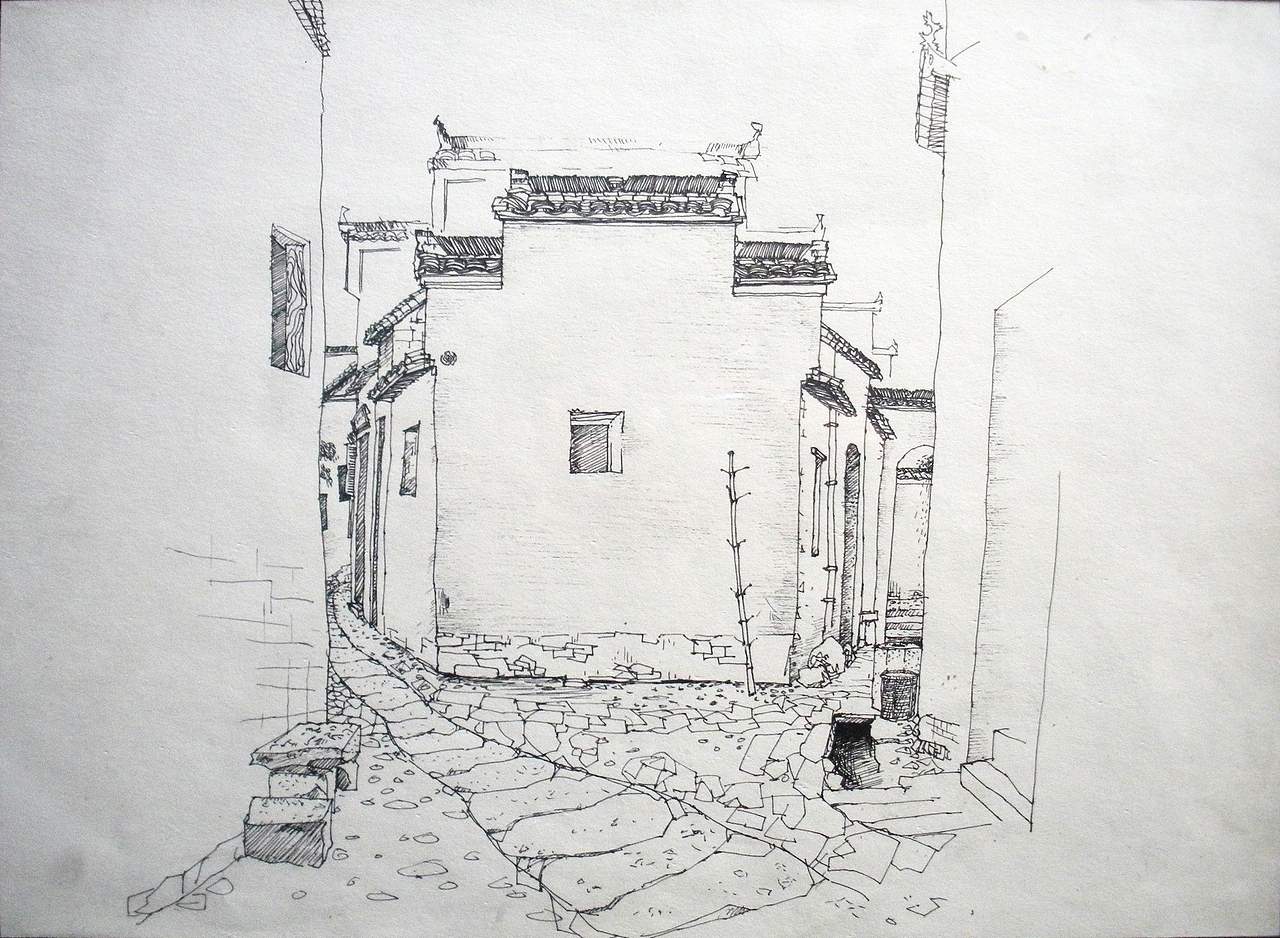 安徽宏村写生   (中性笔,速写本)