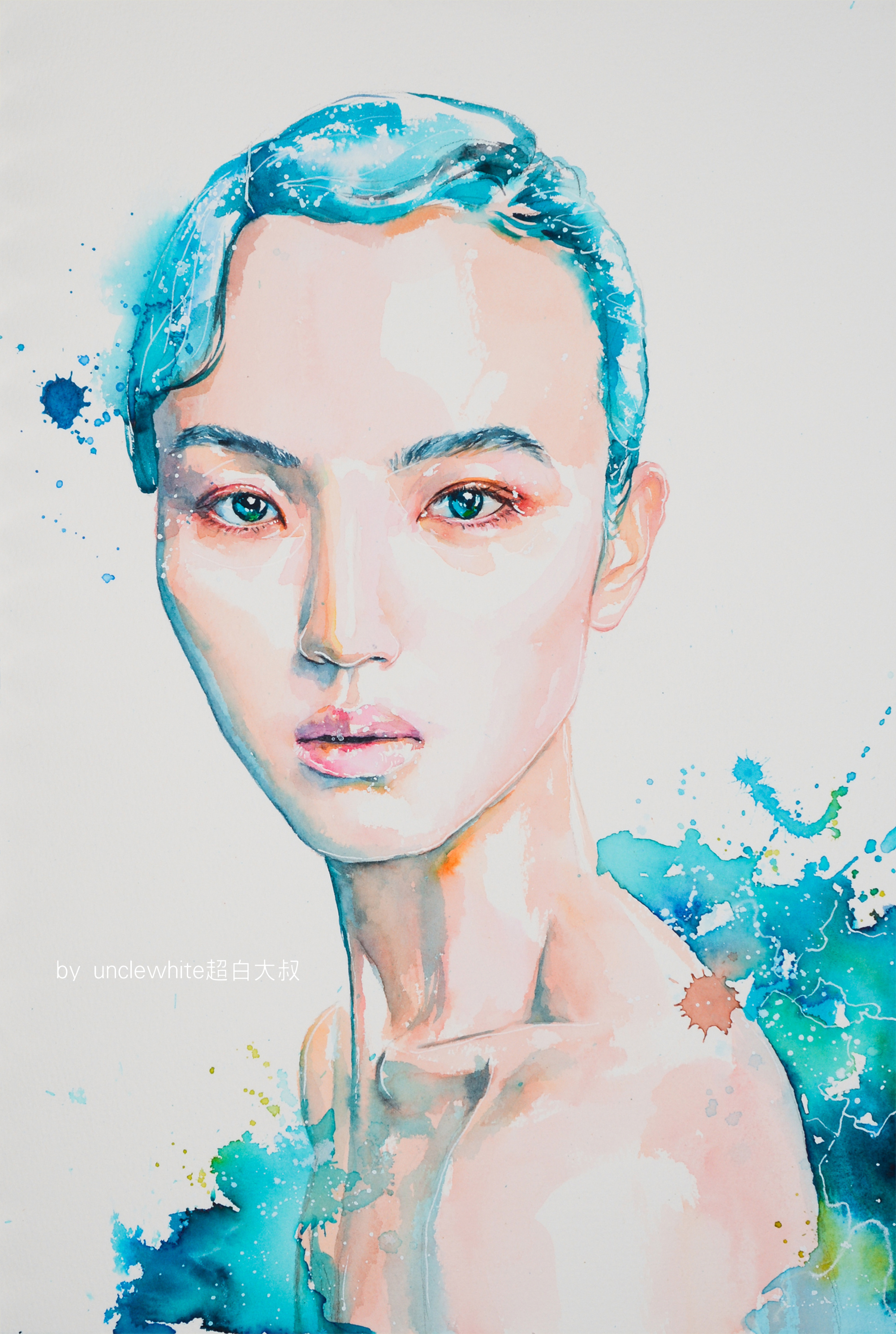 超白大叔作品:模特插图水彩人像