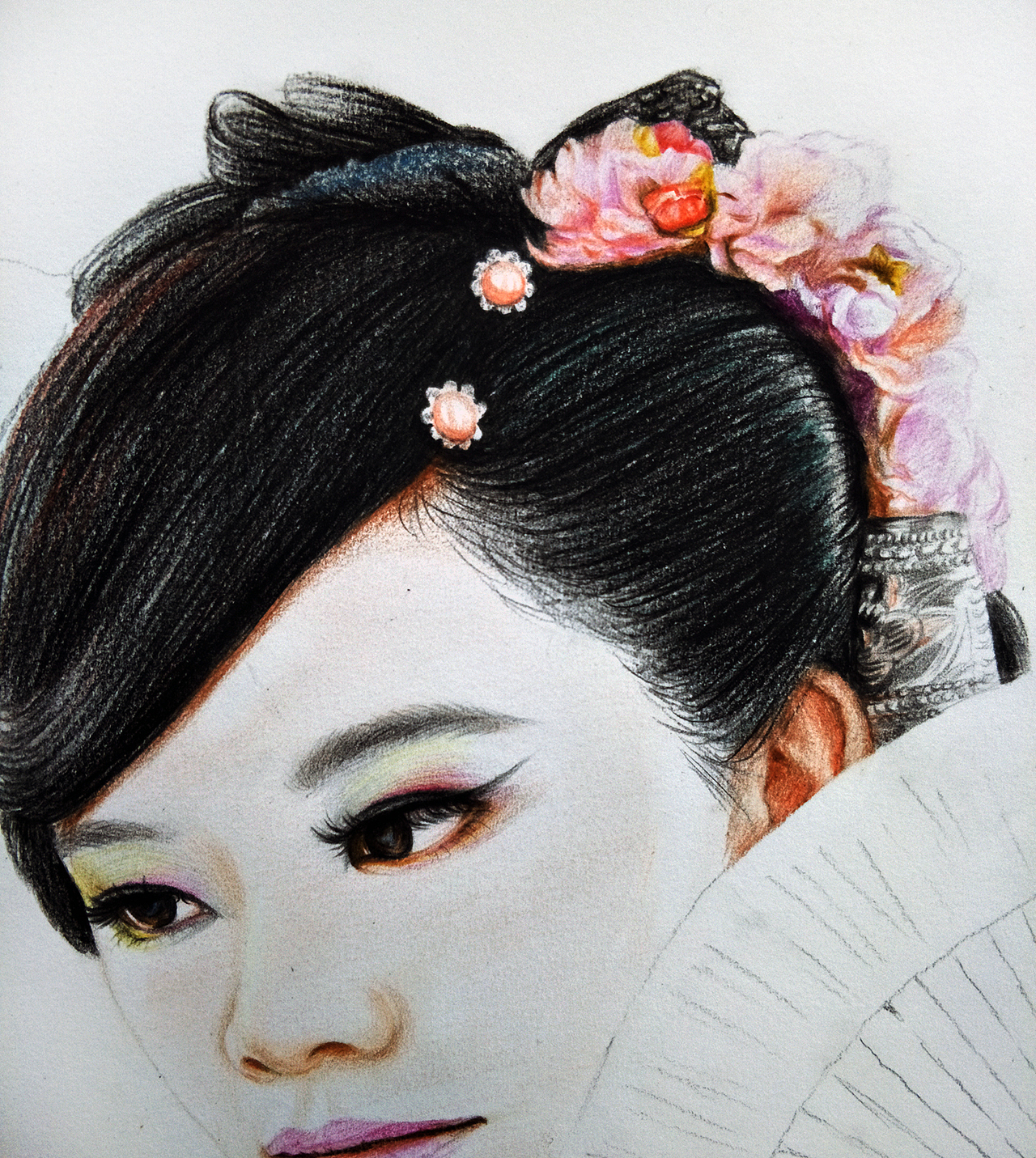 彩铅古装美女肖像画---叶青(过程)