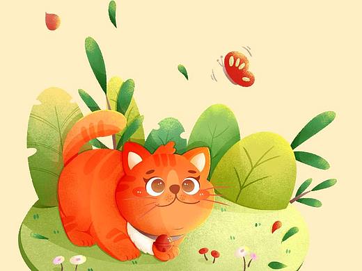 猫咪植物小场景扁平肌理插画
