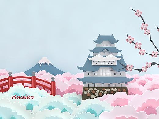 剪纸风日本风景