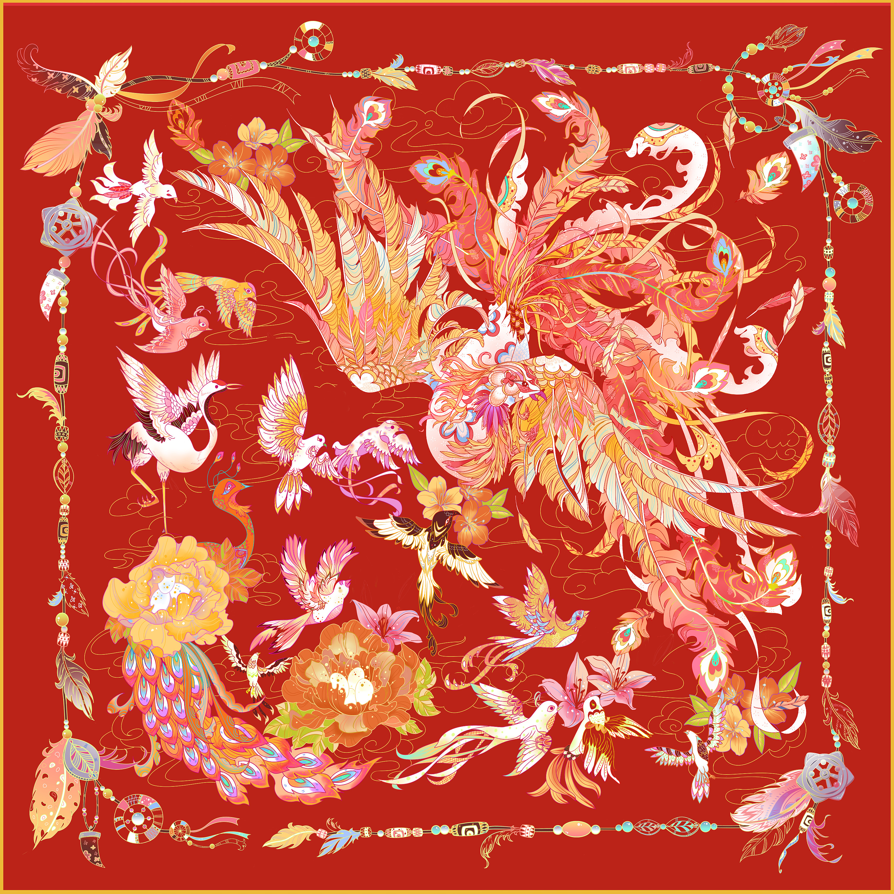 百鸟朝凤主题国风丝巾设计