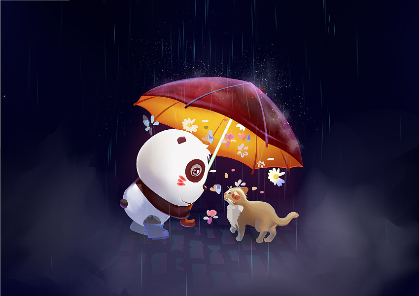 雨夜温暖之憨憨熊与猫