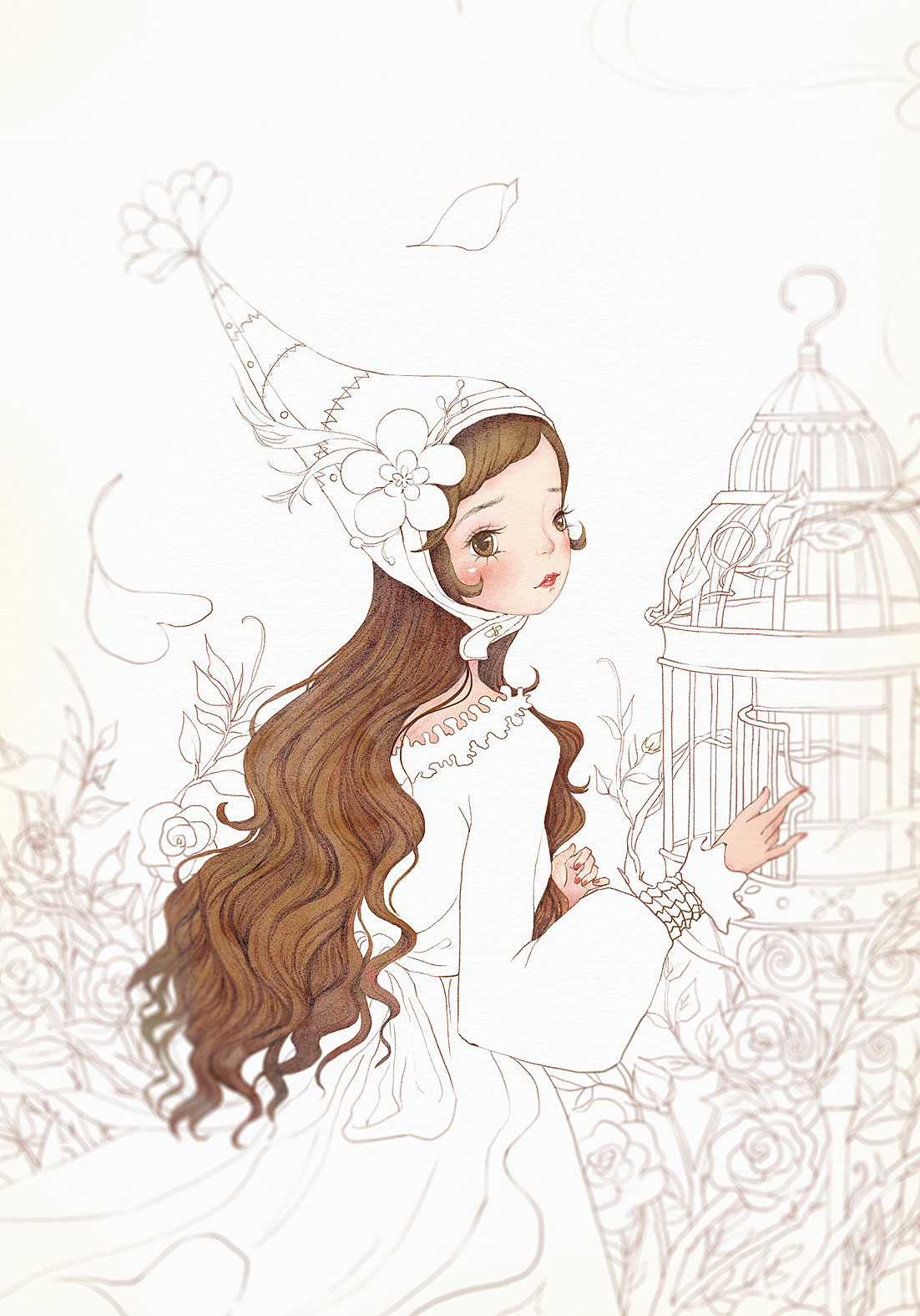 玫瑰少女插画过程