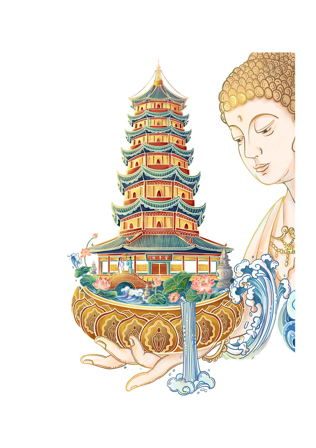 国风插画雷峰塔建筑白蛇青蛇元素