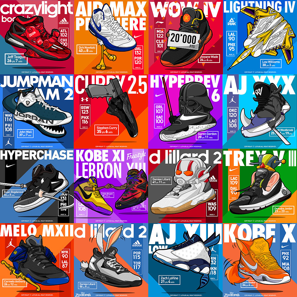 1个赛季，164个比赛日，每天一场比赛一个球员一双鞋一个故事（图ZNTg2NjkwMzI=） - 商业插画 - 站酷设计师luthur原创素材 - 站酷ZCOOL