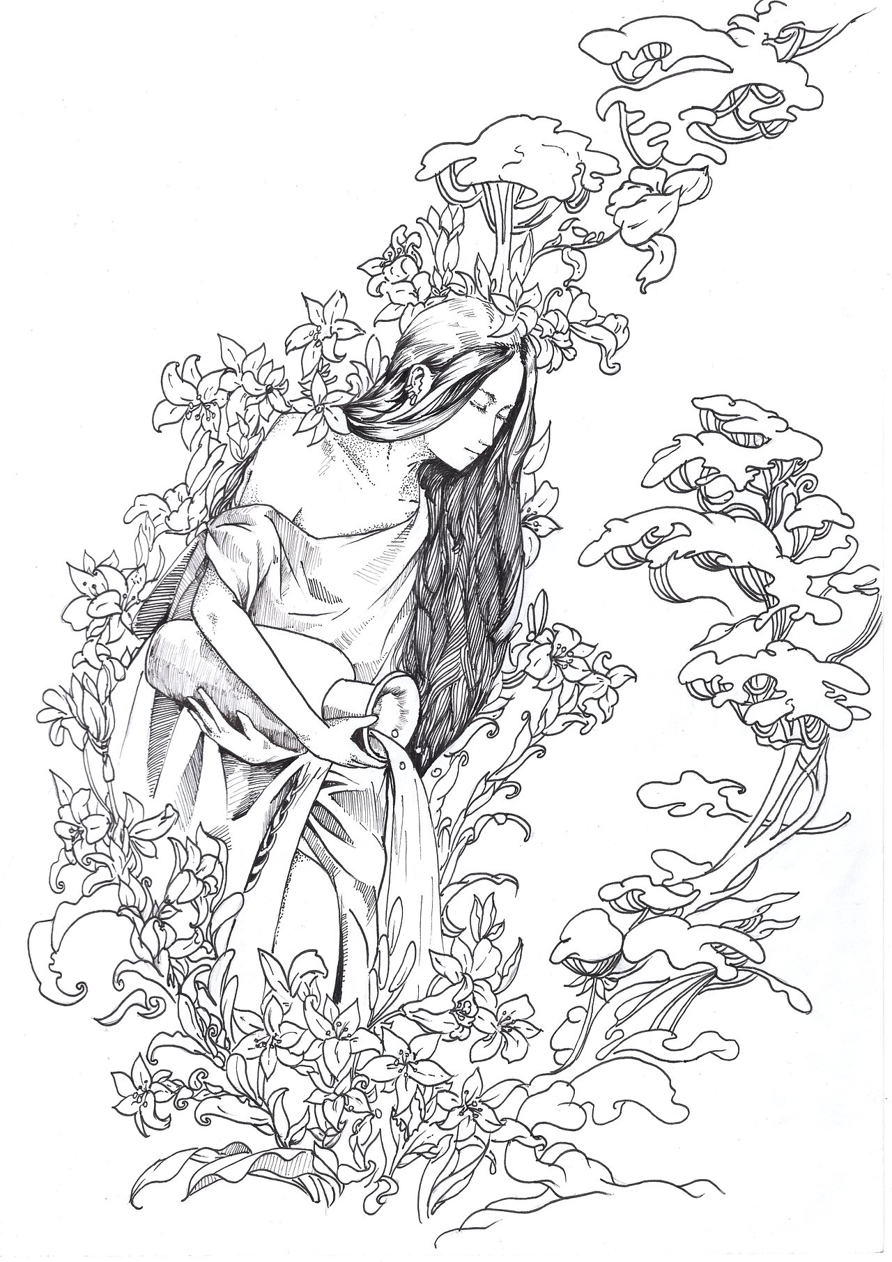 针管笔插画步骤--春之仙女