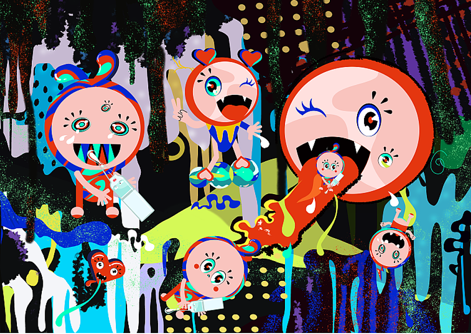 皮肤28天生理周期，是一个宽泛的大命题，在身体里面，神秘感，我立刻想到了洞穴，我想把科普的东西表达得有趣一些，所以提取并借鉴了桂林的岩洞的中丰富的色彩与层次，来强调一种神秘感，加入自己对28天生理周期的理解，有意向的轻松元素，比如云朵，音符，水滴元素。有线条与色块的层次，还有一些肌理感，也借鉴了春上隆作上品中的表达形式，提亮并夸张了部分颜色的饱和度与明度。有装饰性的圆点丰富画面，喷溅感的抽象水滴的意象。
图一带背景更接近洞穴的表达 。图2图3是偏扁平的表达，是几何抽象的概括。