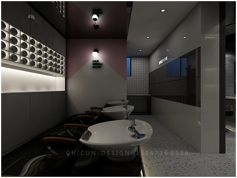 尺寸设计|木沙廊理发店发廊现代轻奢风格理发店线条感