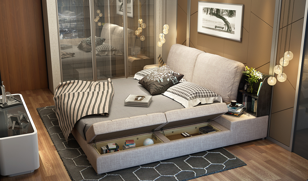 舒适榻榻米风格布艺床设计