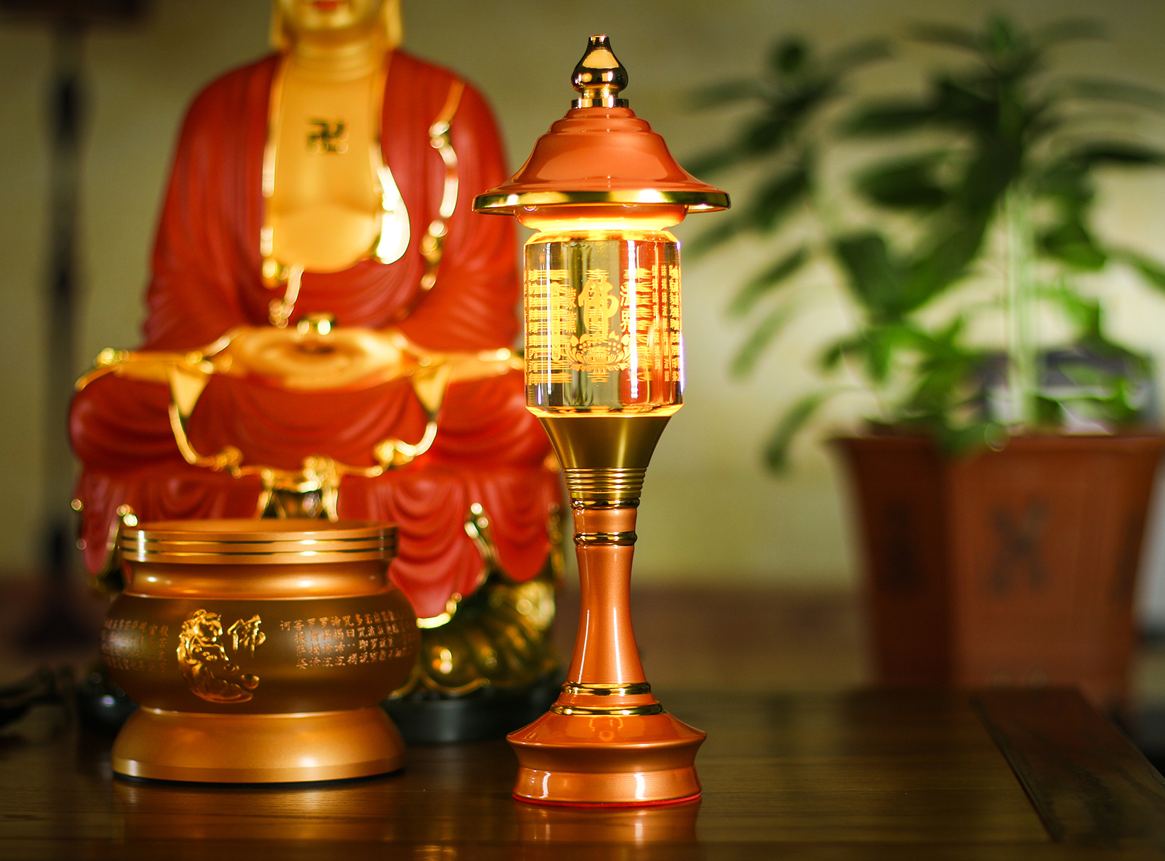 佛字供灯场景拍摄 供具单色背景摄影
