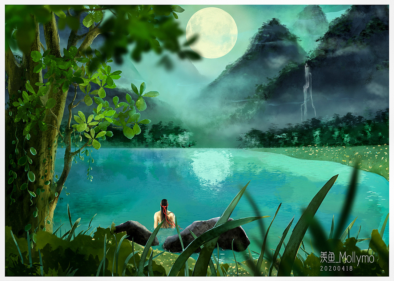 偷偷的画一张月下美男沐浴场景啰