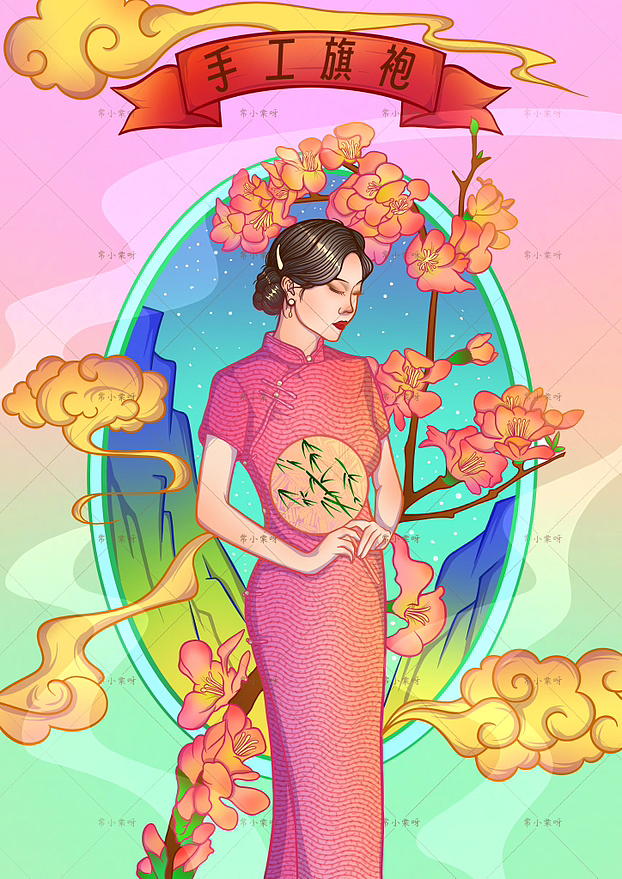 iPad国潮风包装插画｜旗袍包装-附线稿（图ZMzQ0MTU3Njcy） - 商业插画 - 站酷设计师常小棠呀原创素材 - 站酷ZCOOL