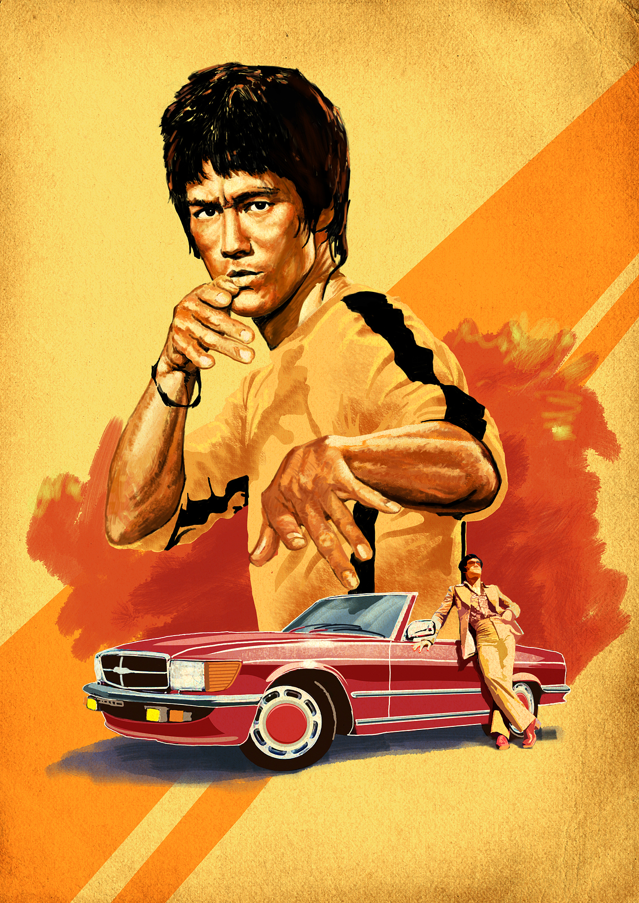 为某驰创作的复古插画海报一张,怀念李小龙同时,标榜一下丫的座驾就是