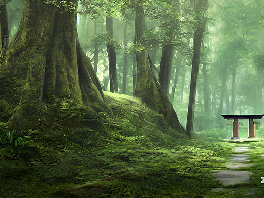 #AI创作实验室#神社，鸟居，绿森林，小女孩