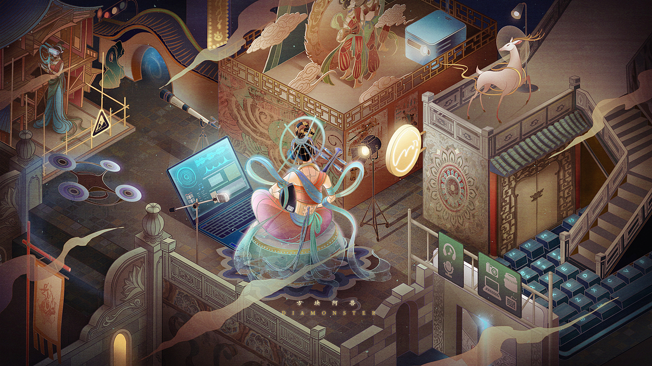 古今穿越-东方赛博（图ZMjc3MzUwNzY4） - 商业插画 - 站酷设计师方块阿兽原创素材 - 站酷ZCOOL