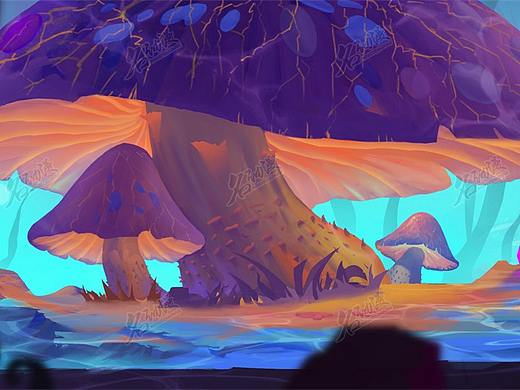 暗夜森林巨型蘑菇横版场景