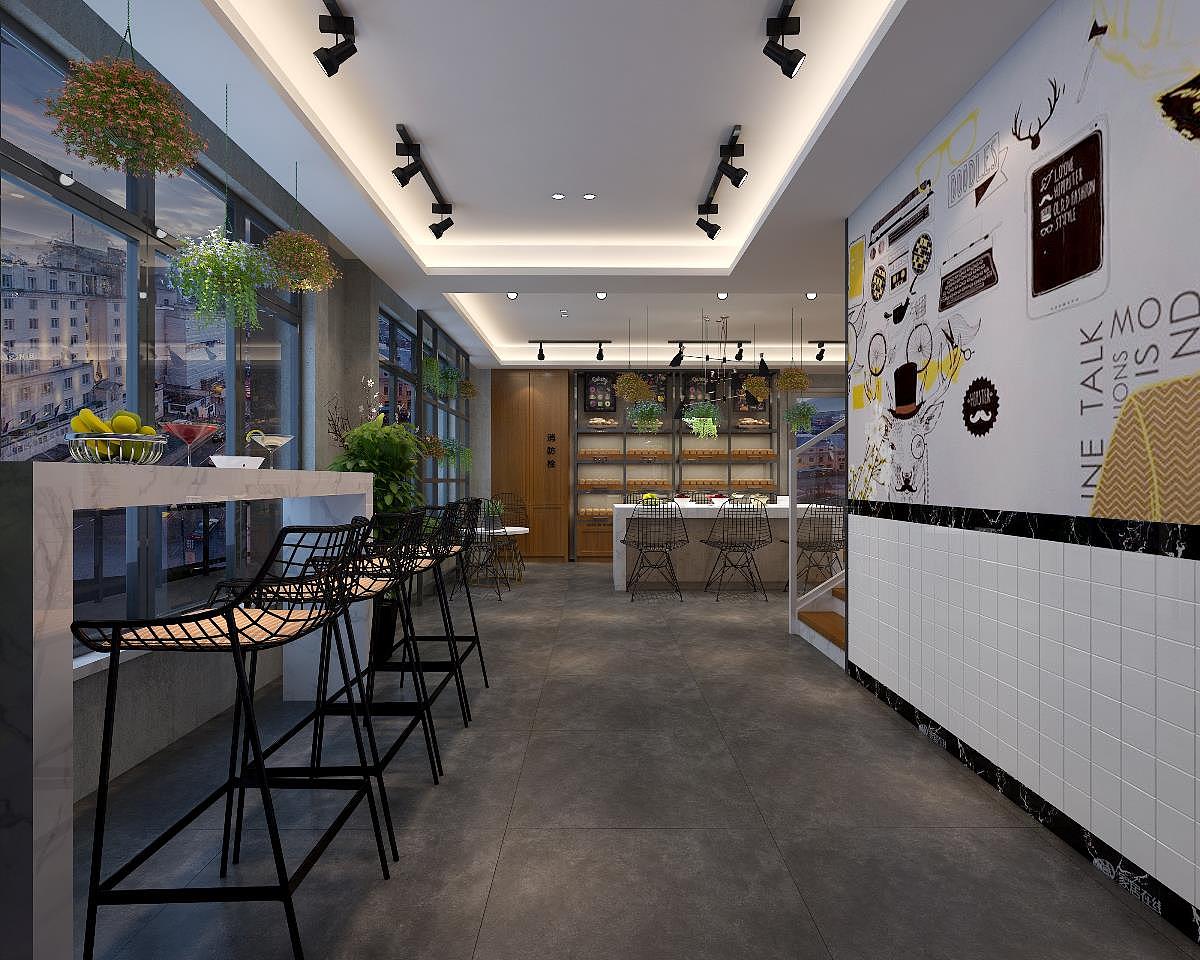 这个是一个非常常规的甜品店的装修,运用了现代最有力度的网红元素,将