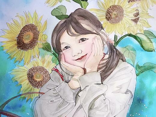 Smile，向日葵花下的小女孩（水彩）