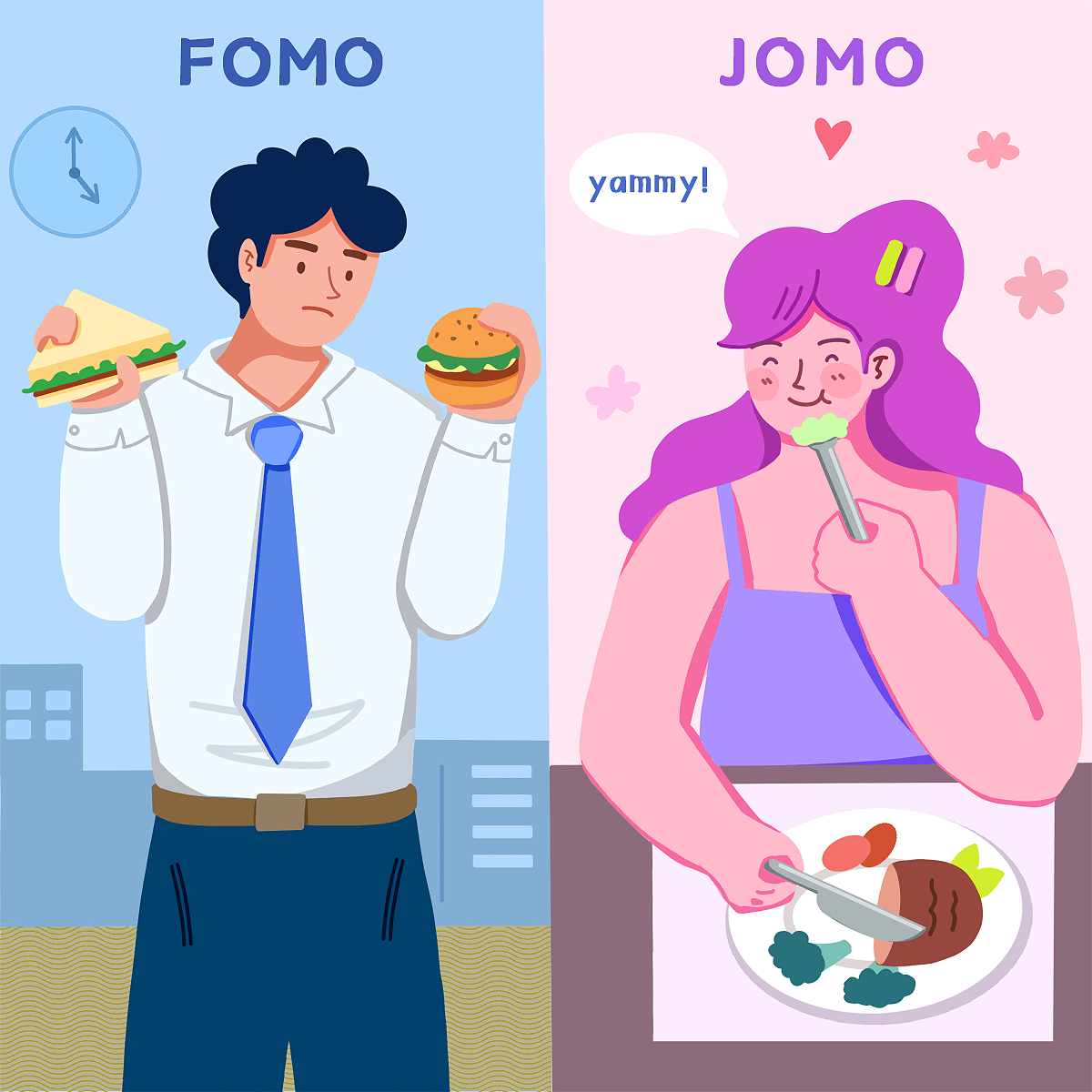 FOMO vs JOMO心情插画
