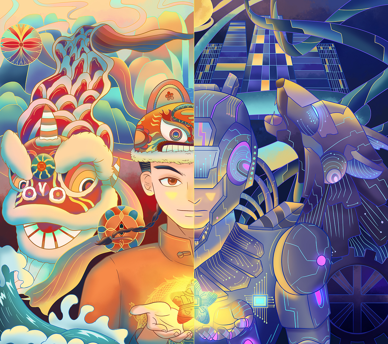 国潮插画---《国潮文化与未来科技》|平面|海报|贰月今日 - 原创作品