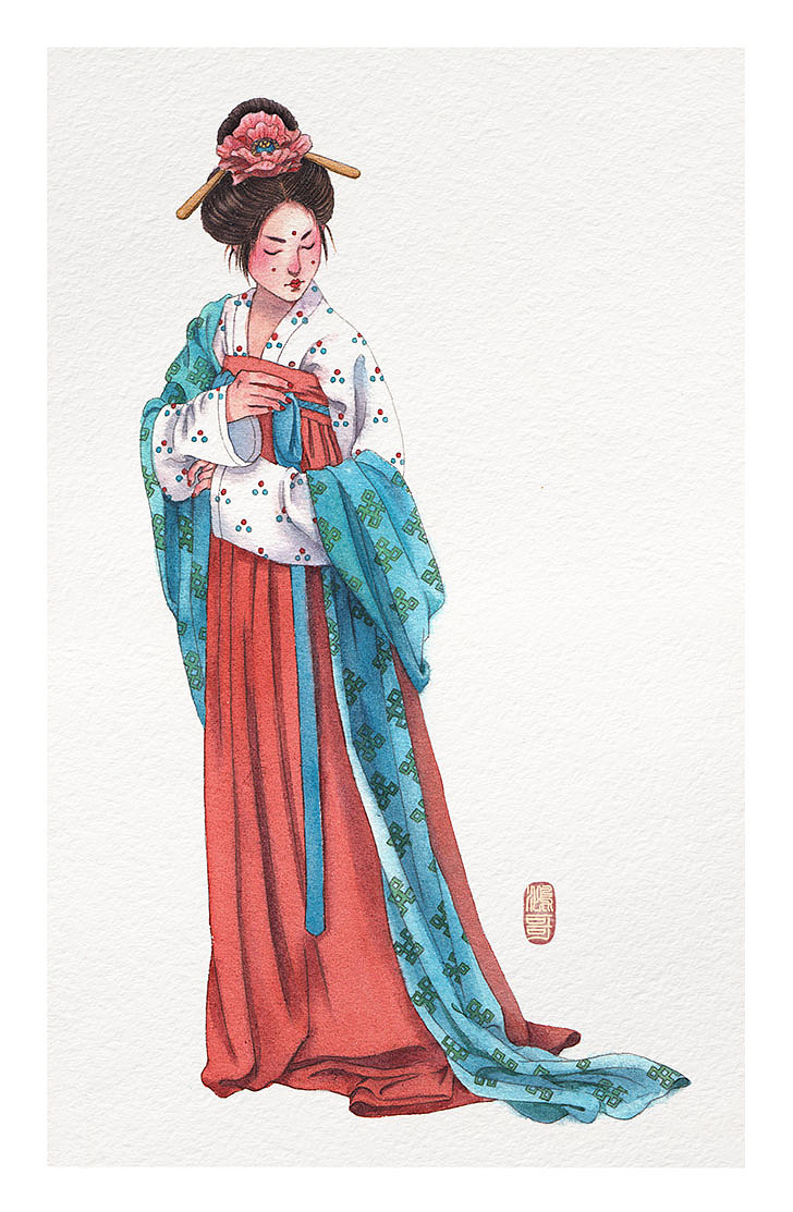 手绘水彩大唐仕女步骤图