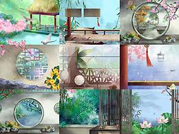 PS古典建筑场景中国风庭院游戏背景水彩插画海报设计