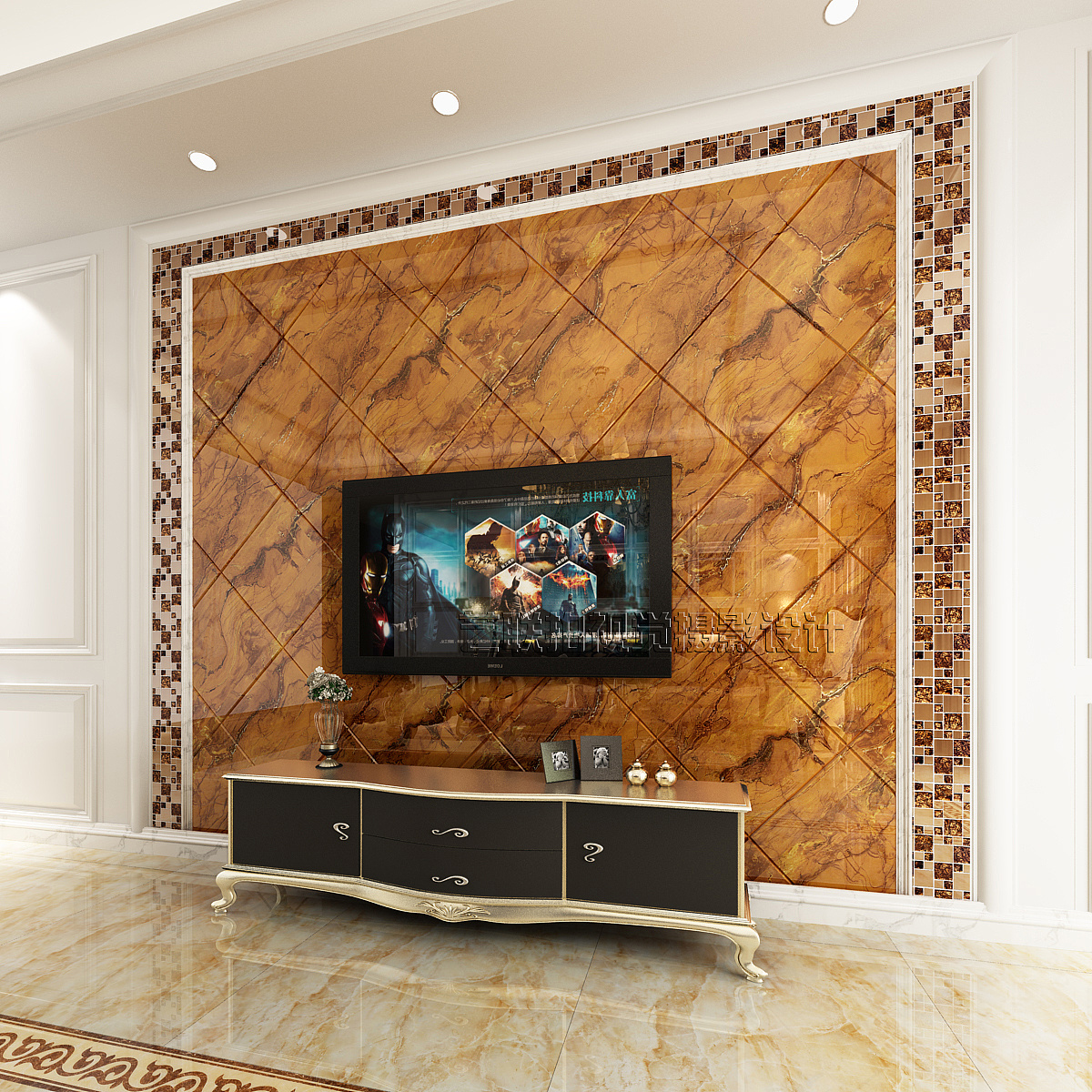 欧式客厅五彩文瓷砖背景墙 – 设计本装修效果图