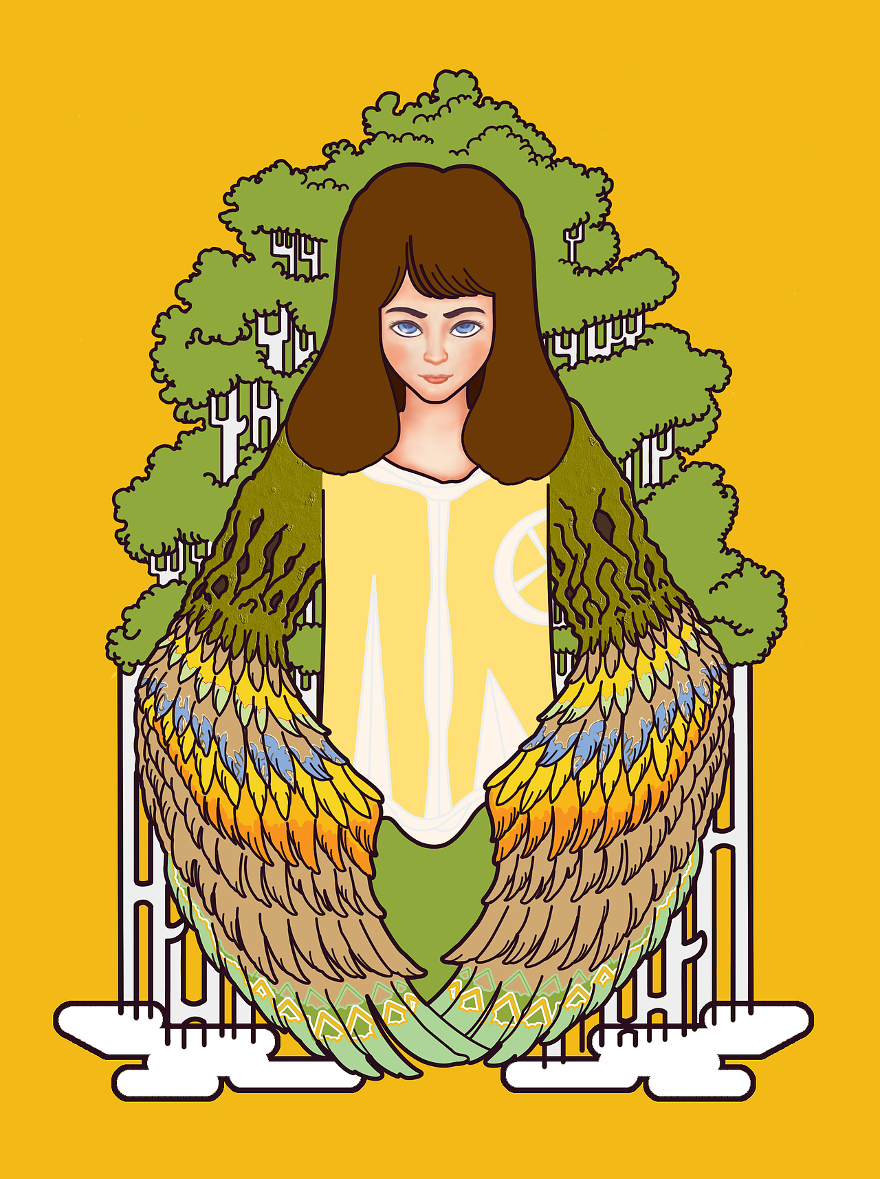 大树·翅膀·女孩  幻想插画