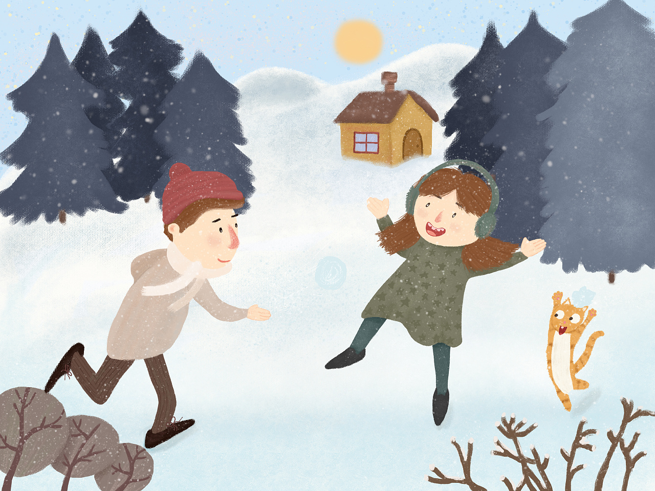 冬天里互扔雪球的男孩女孩