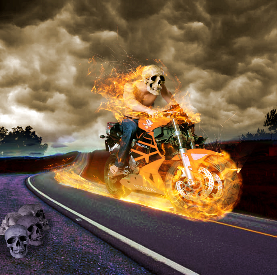 ps练习稿|图片合成|psd下载|vsery|火焰骷髅头摩托车