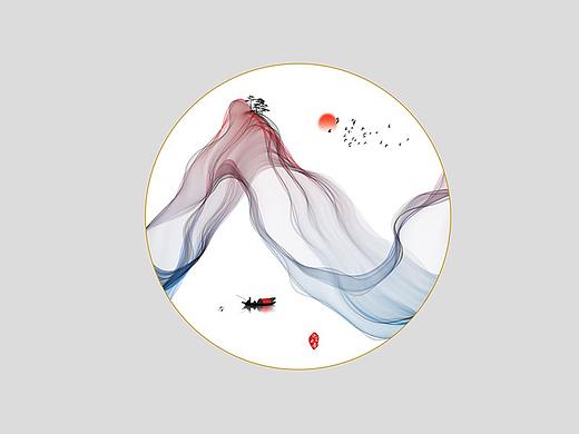 新中式山水画意境山水画意境水墨小船红日飞鸟抽象画