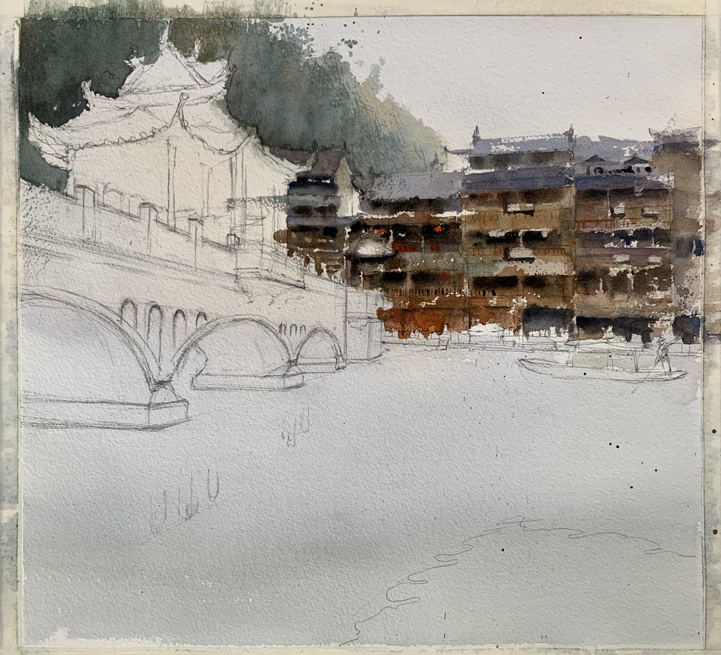 夏宇航水彩画凤凰古城