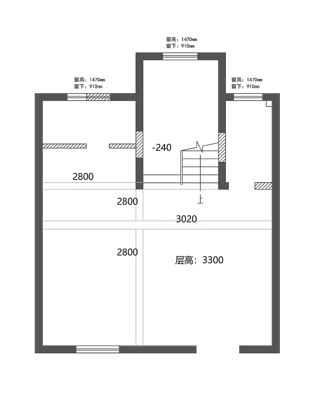 业主要求： 
1、一楼主要功能区域为客餐厅、厨房、卫生间及父母卧室套间； <br>2、二楼保留主次卧、儿童房，需要书房空间； <br>3、阁楼因为层高限制，希望能合理布局，设计休息区、娱乐空间以及收纳空间。 一楼原始户型图 进门视野很开阔，一眼就能看见客餐厅，厨房、楼梯空间，几乎没有任何隐私而言，直接暴露在外，这样的布局几乎是所有乡下房子的标配。如何使得每个空间都能有明确的区域划分，既注重隐私性、舒适性，又要有合理的动线规划，还是要花费心思的。