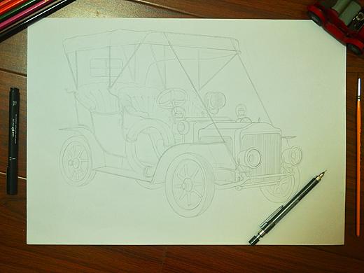 手绘老汽车结构