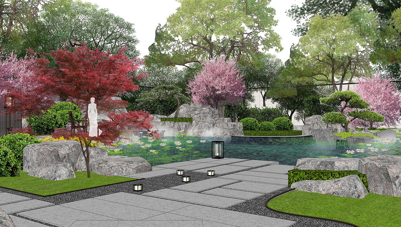 新中式庭院景观su模型下载