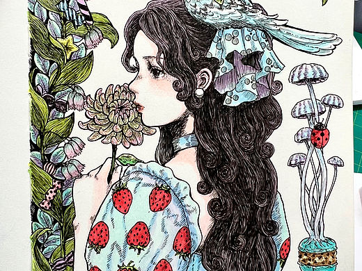 ☺️手绘 顶🐦小鸟的少女