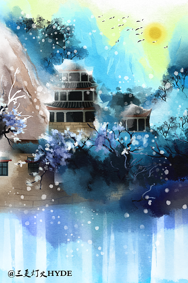 板绘水彩古风园林风景